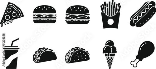 Fast food icon set for restaurants and food delivery services featuring pizza burgers fries and more