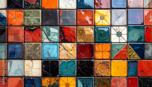 Close-up view of a colorful mosaic of cracked ceramic tiles with intricate patterns
