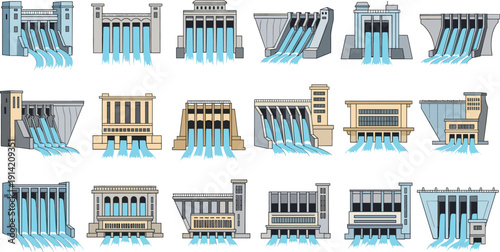 Hydroelectric Dam and Power Station Illustration Set with Water Flow, Spillways, and Energy Production Infrastructure Designs