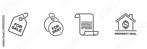 Real estate business icons representing property sales, rentals, commercial and residential services, and housing concepts