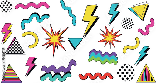 A colorful collection of 90s style neon shapes and symbols on a white background