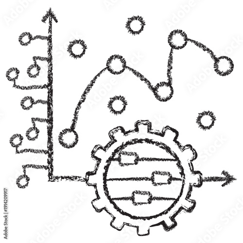 Vector icon of AI model fitting and statistical regression. Dark brown charcoal sketch on transparent background. Features a trend line being fitted to data points with a control gear
