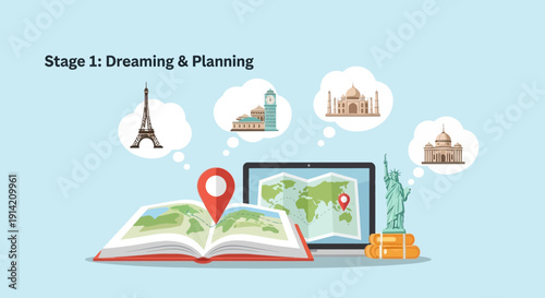 A colorful infographic illustration of a child planning a family holiday with a globe, map, and iconic landmarks for a World Tourism Campaign on a light blue background with a tablet and