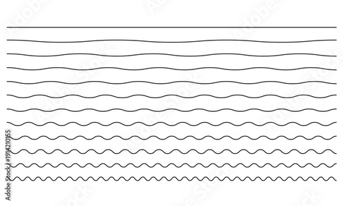 Set of wavy zigzag lines. Wave thin line background.Water waves line set.Set of wavy - curvy and zigzag - criss cross horizontal lines.