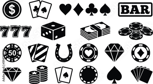 Set of nineteen stylized black casino and gambling icons, symbolizing slot machines, poker chips, playing cards, dice, and lucky motifs