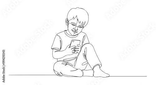 Happy young boy sitting and playing a video game on his smartphone, one-line drawing illustration