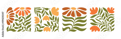 Collection of Matisse style floral posters featuring bold botanical shapes, abstract flowers, and organic leaves in earthy orange and green tones with modern cut out inspired design