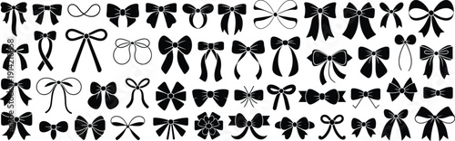 Black ribbon bow silhouette collection, decorative gift bows and knot shapes isolated on white background vector illustration set for design