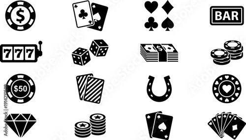 Set of sixteen stylized black casino and gambling icons in grid, symbolizing poker, slot machines, dice, and lucky motifs