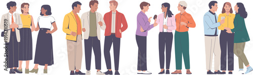 Diverse group of young people talking and socializing, casual friends conversation and communication concept flat vector illustration isolated on white background