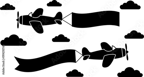 Stylized black airplane silhouette icons towing banners with clouds, symbolizing aerial advertising, aviation design, and sky-themed motifs