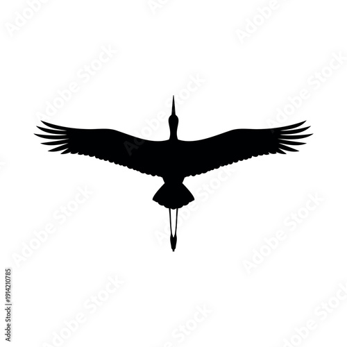 Top view stork flying silhouette vector flat design isolated on white background.