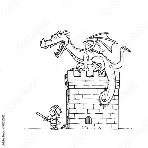 Brave knight faces fierce dragon on castle tower medieval fantasy battle scene with sword