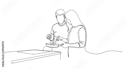 A minimalist line art illustration depicting a couple cooking together in their kitchen, creating a sense of domestic harmony and shared activity