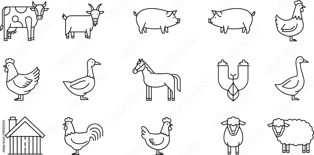 Obraz premium Comprehensive vector set of farm animal icons featuring full body cows goats pigs and horses along with a rustic barn and poultry in clean black line art for agriculture and country life designs