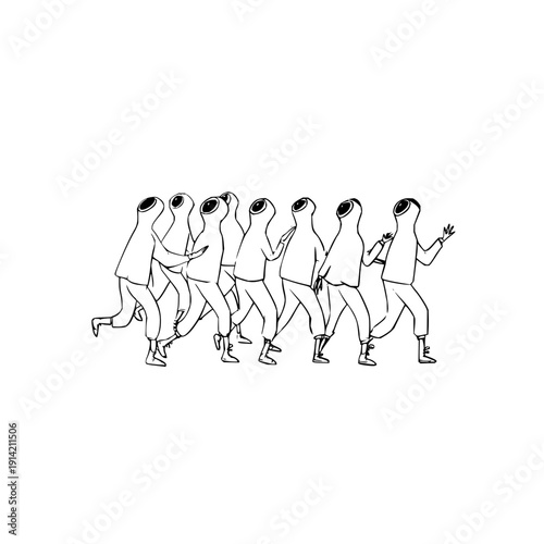 A group of faceless people running together in a line with one person looking back conveying a sense of urgency and teamwork in a minimalist illustration style on a white