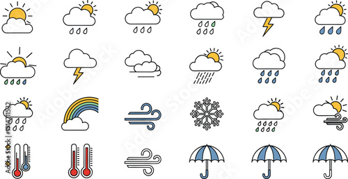 Vector set of colorful weather forecast icons featuring sun clouds rain lightning and rainbows in a clean flat line art style for mobile apps and climate reports