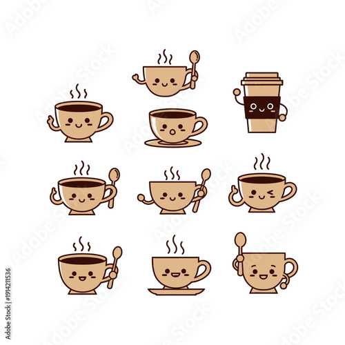 Adorable collection of nine cartoon coffee cups with happy faces and steam, including a takeaway cup.