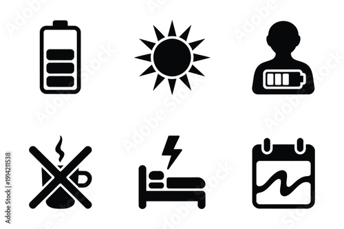 Utility Icons: Battery, Sun, Sleep, Calendar, Coffee