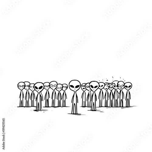 Alien stand out from crowd with distinct eyes in group symbolizing individuality and uniqueness in a sea of sameness