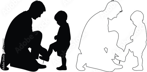 Two depictions of adults helping young children with their shoes and socks.