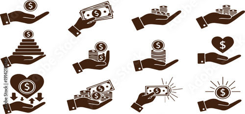 Various hands holding money and coins in different gestures