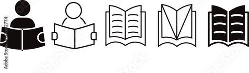Reading book icon set, open book and literature symbols. open book sign and illustration. line stroke icon minimalist technology and education design elements.
