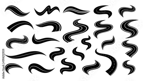 Asphalt road swash and wavy curve paths set for creative logo design