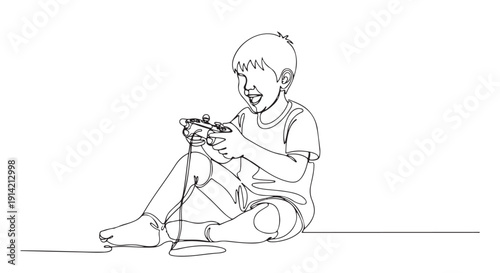 Joyful child engrossed in gaming, a continuous line art illustration capturing youthful enthusiasm and digital entertainment on a white background