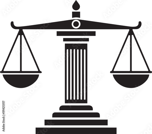 Minimalist scales of justice icon featuring a black silhouette of a balanced weighing scale on a pillar base, symbolic of law, legal judgment, equality, courthouse authority, and fair trial