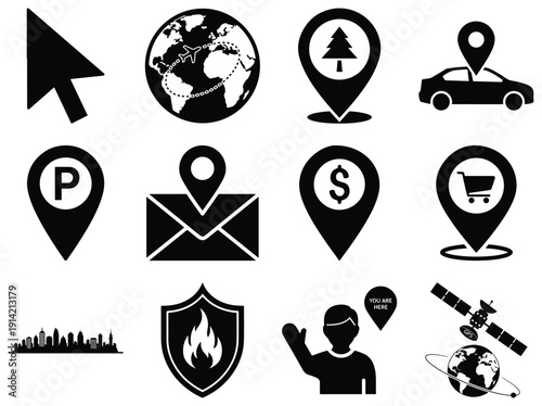 Set of black and white location and navigation with various symbols 1