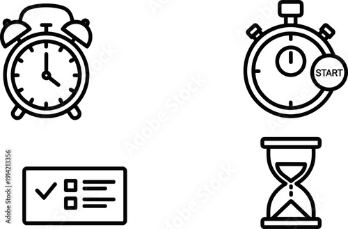 Alarm clock time management icon, stopwatch productivity start symbol, checklist task completion illustration, hourglass passage of time concept design efficiency tools