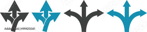Navigation direction arrows icon set collection with multiple path choices, decision making and road fork symbols in blue and gray isolated on white background vector.