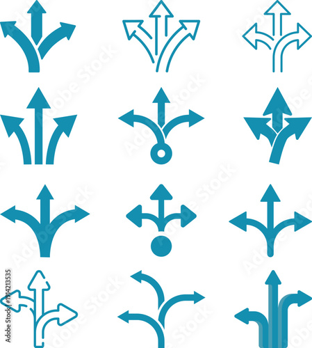 Navigation direction arrows icon set collection with multiple path choices, decision making and road fork symbols in blue and gray isolated on white background vector.