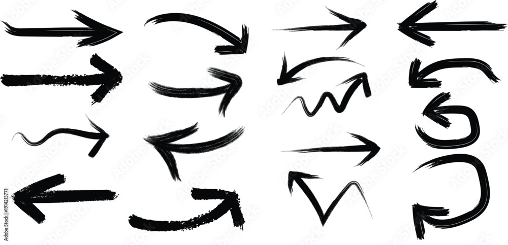 Obraz premium Black Grunge Arrows Paint Brush Strokes Vector Set