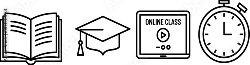 Education icon set, graduation cap illustration, open book graphic, online class tablet design, stopwatch symbol, study and learning vector elements