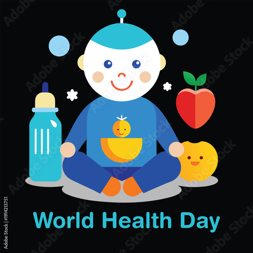 World health day cartoon baby illustration promoting healthy lifestyle and nutrition