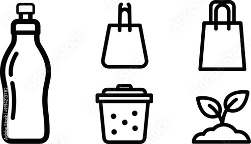 Eco‑friendly icon set, reusable water bottle, shopping bag graphics, compost bin illustration, plant growth symbol, sustainability design elements, recycling and green lifestyle