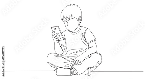 A child engrossed in their smartphone, sitting cross-legged and focused on the screen