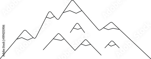 A detailed illustration of various mountain peaks and ridges with different heights and shapes. Vector