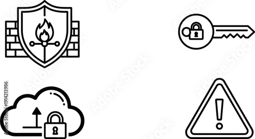 Firewall shield security icon, secure cloud storage upload symbol, encryption key padlock access control illustration, warning triangle alert cybersecurity threat concept design