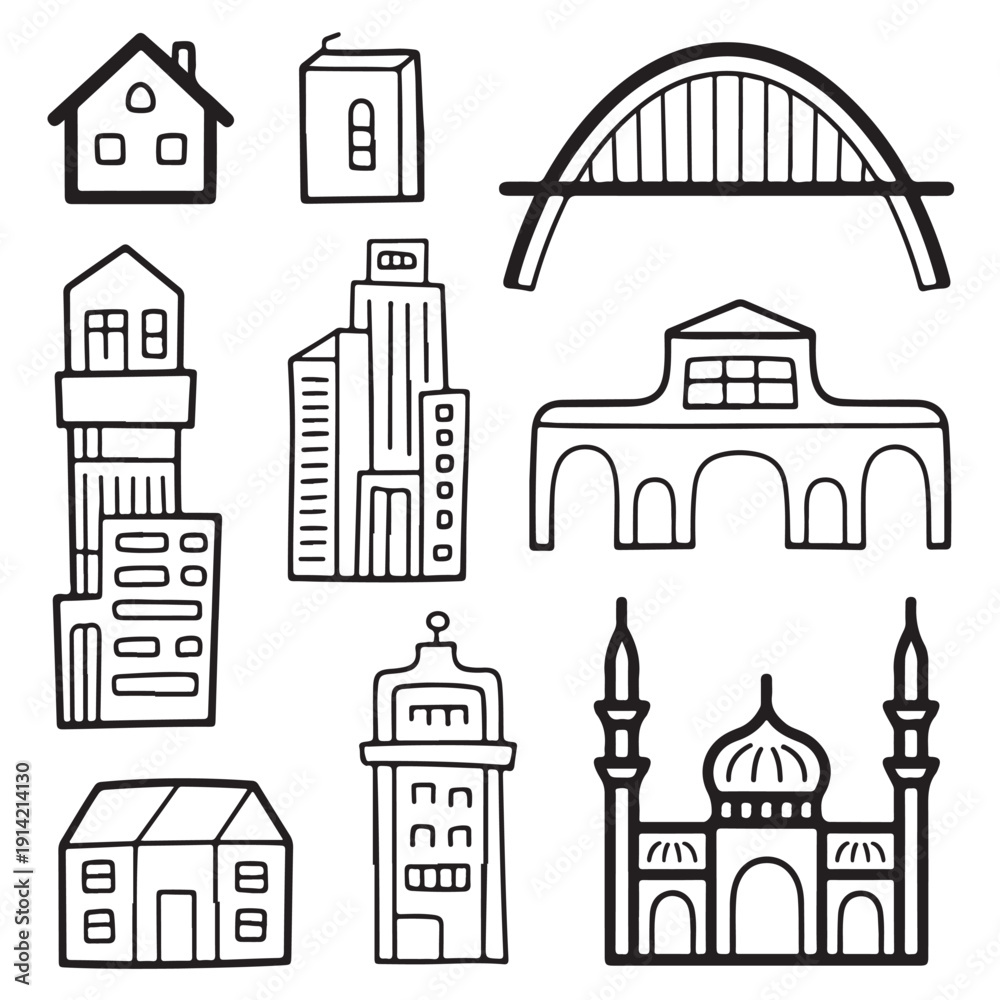 Fototapeta premium Collection of nine black line art buildings and structures including houses, skyscrapers, bridge, and mosque on transparent background, representing architecture and city life elements