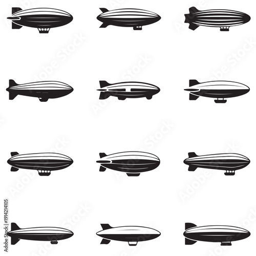 Collection of black and white zeppelin airship icons featuring various designs and profiles perfect for vintage transport themes and retro aviation illustrations