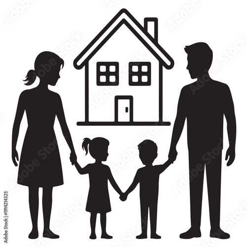 Family silhouette standing together in front of home outline icon representing domestic life housing and parenthood unity black minimalist vector illustration on transparent background grid