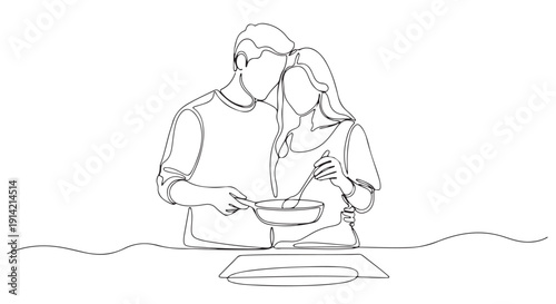 Minimalist continuous line art drawing of a loving couple cooking together, sharing a romantic moment in the kitchen