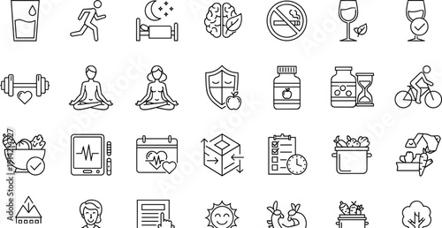 Black outline set of health and wellness icons, fitness, nutrition, mental health and lifestyle symbols, cad drawing flat vector illustration.