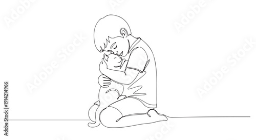 A tender moment a boy gently hugging a cat, symbolizing love and companionship