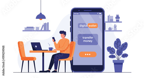 Modern flat vector illustration of man using smartphone digital wallet for transfer money in urban café, representing fintech innovation, online transaction, and modern financial lifestyle