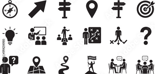 Guidance line icon set with direction, support, coaching and navigation outline symbols pack