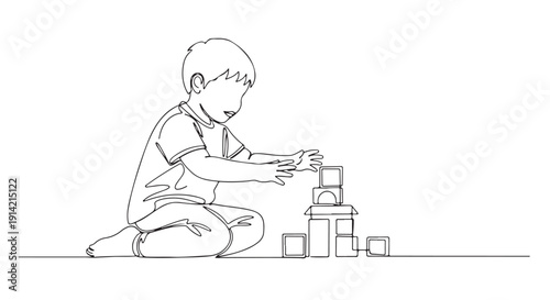 Child building a tower with blocks, a single line drawing illustrating childhood creativity and play